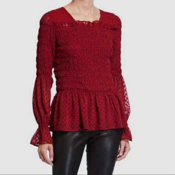 New! Walter Baker Burgundy Dot Long Sleeve Smocked Peplum Top Size S - Picture 1 of 5